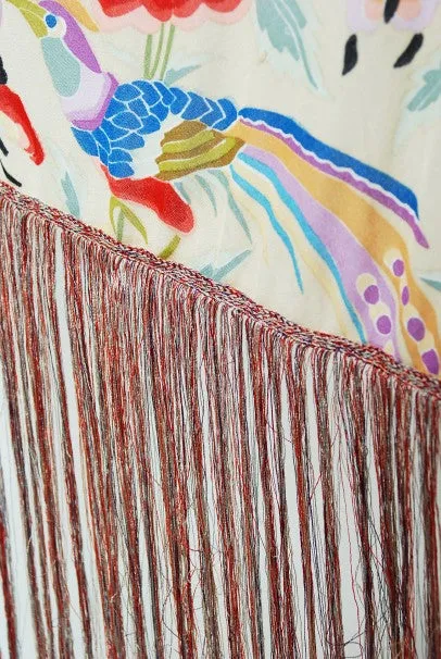 1971 Missoni Couture Floral Bird Print Silk-Jersey Fringe Caftan Gown