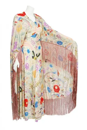 1971 Missoni Couture Floral Bird Print Silk-Jersey Fringe Caftan Gown