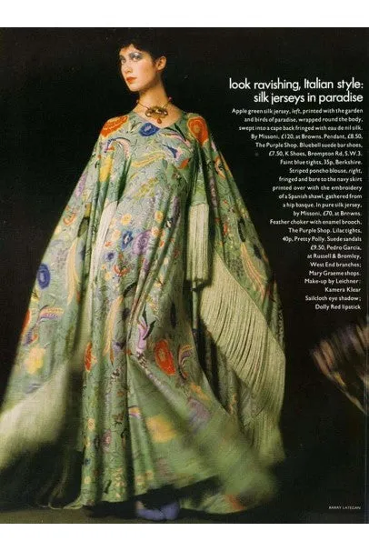 1971 Missoni Couture Floral Bird Print Silk-Jersey Fringe Caftan Gown