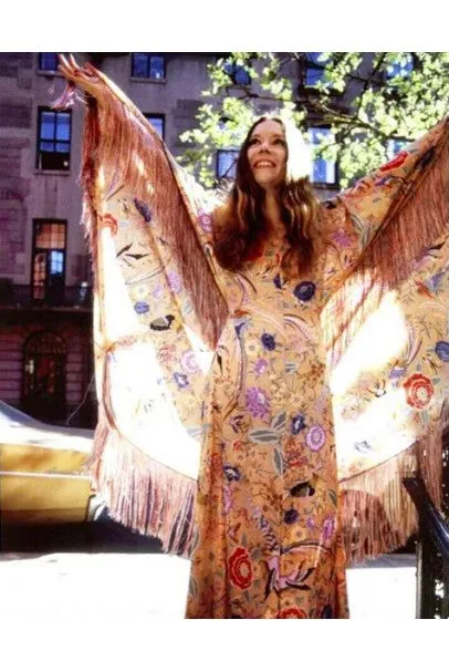 1971 Missoni Couture Floral Bird Print Silk-Jersey Fringe Caftan Gown