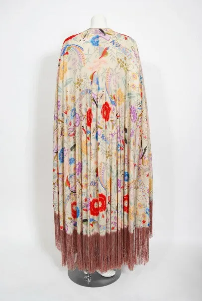 1971 Missoni Couture Floral Bird Print Silk-Jersey Fringe Caftan Gown