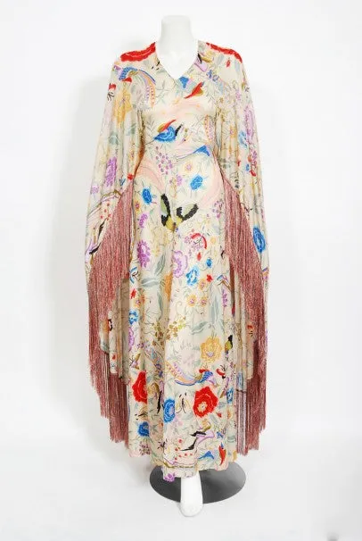 1971 Missoni Couture Floral Bird Print Silk-Jersey Fringe Caftan Gown