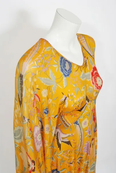 1971 Missoni Marigold Floral Bird Print Silk Jersey Fringe Caftan Gown