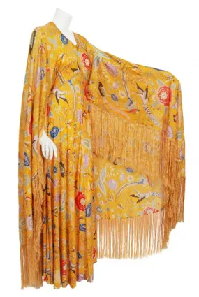 1971 Missoni Marigold Floral Bird Print Silk Jersey Fringe Caftan Gown