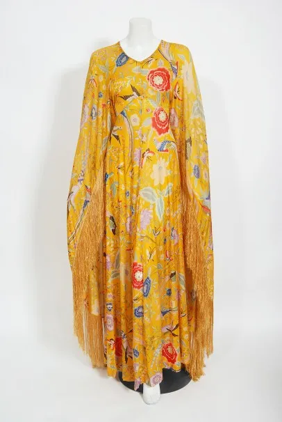 1971 Missoni Marigold Floral Bird Print Silk Jersey Fringe Caftan Gown