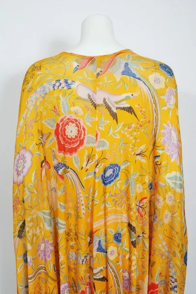 1971 Missoni Marigold Floral Bird Print Silk Jersey Fringe Caftan Gown