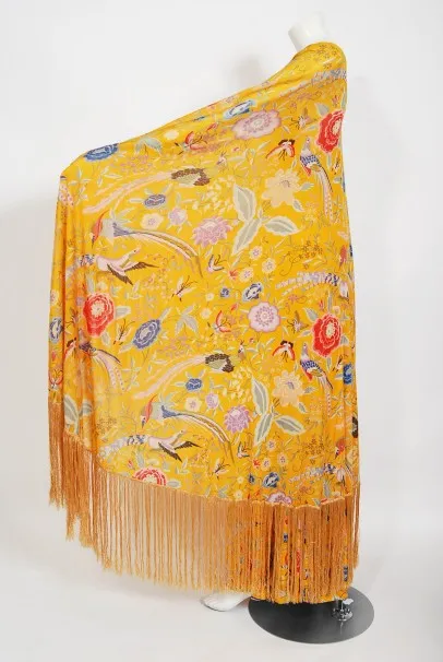 1971 Missoni Marigold Floral Bird Print Silk Jersey Fringe Caftan Gown