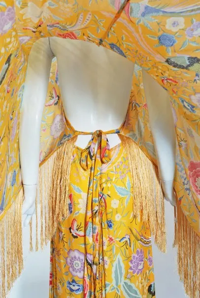 1971 Missoni Marigold Floral Bird Print Silk Jersey Fringe Caftan Gown