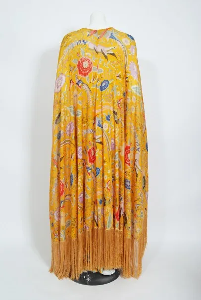 1971 Missoni Marigold Floral Bird Print Silk Jersey Fringe Caftan Gown