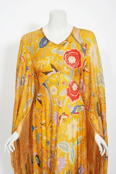 1971 Missoni Marigold Floral Bird Print Silk Jersey Fringe Caftan Gown