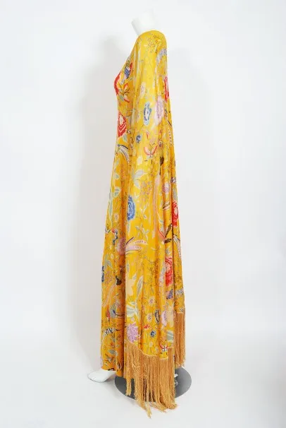 1971 Missoni Marigold Floral Bird Print Silk Jersey Fringe Caftan Gown