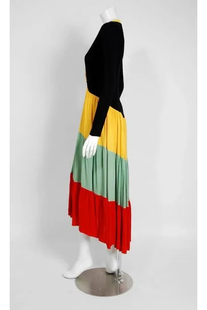 1971 Ossie Clark Couture Traffic Light Block-Color Tiered Crepe Plunge Dress