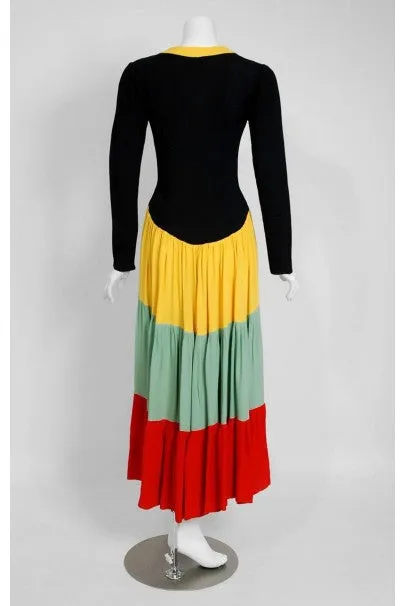 1971 Ossie Clark Couture Traffic Light Block-Color Tiered Crepe Plunge Dress