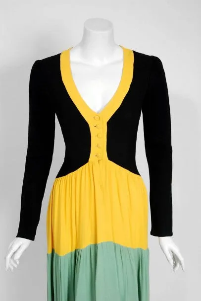 1971 Ossie Clark Couture Traffic Light Block-Color Tiered Crepe Plunge Dress