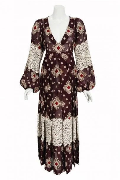 1971 Thea Porter Brocaded Cotton & Lace Low Cut Billow-Sleeve Maxi Dress