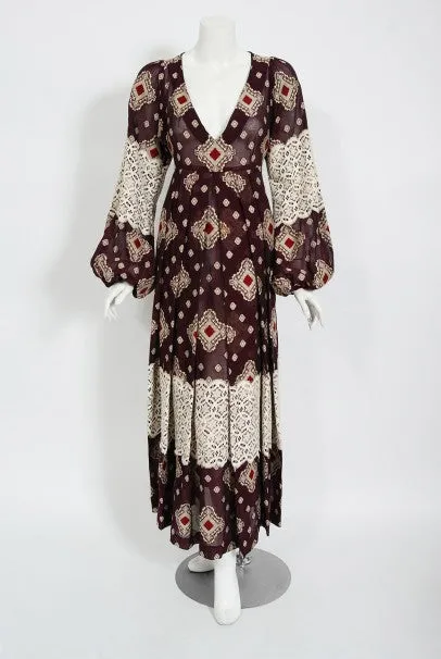 1971 Thea Porter Brocaded Cotton & Lace Low Cut Billow-Sleeve Maxi Dress