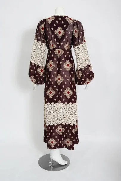 1971 Thea Porter Brocaded Cotton & Lace Low Cut Billow-Sleeve Maxi Dress