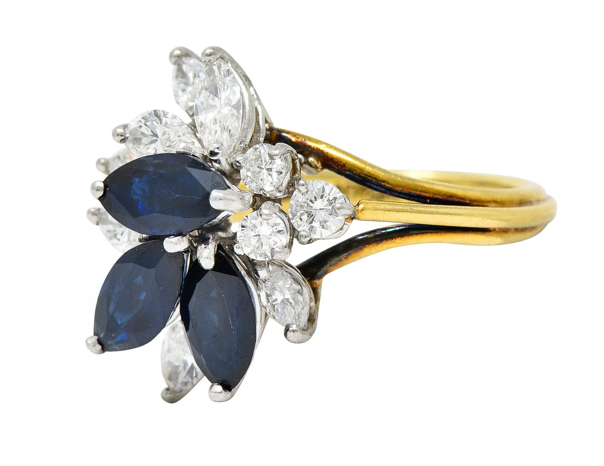 1980's Vintage 3.30 CTW Sapphire Diamond Platinum 18 Karat Gold Cluster Ring