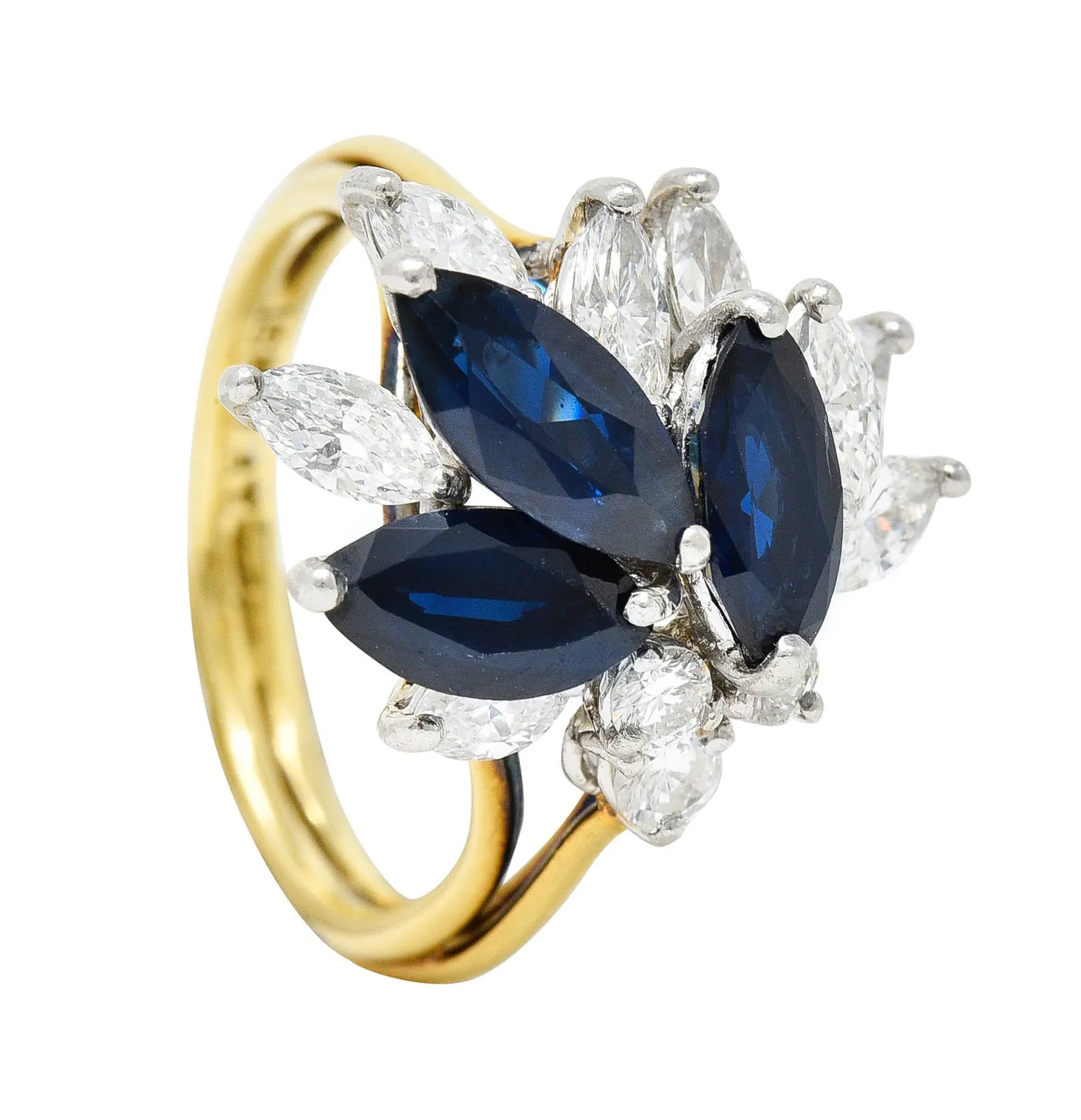 1980's Vintage 3.30 CTW Sapphire Diamond Platinum 18 Karat Gold Cluster Ring