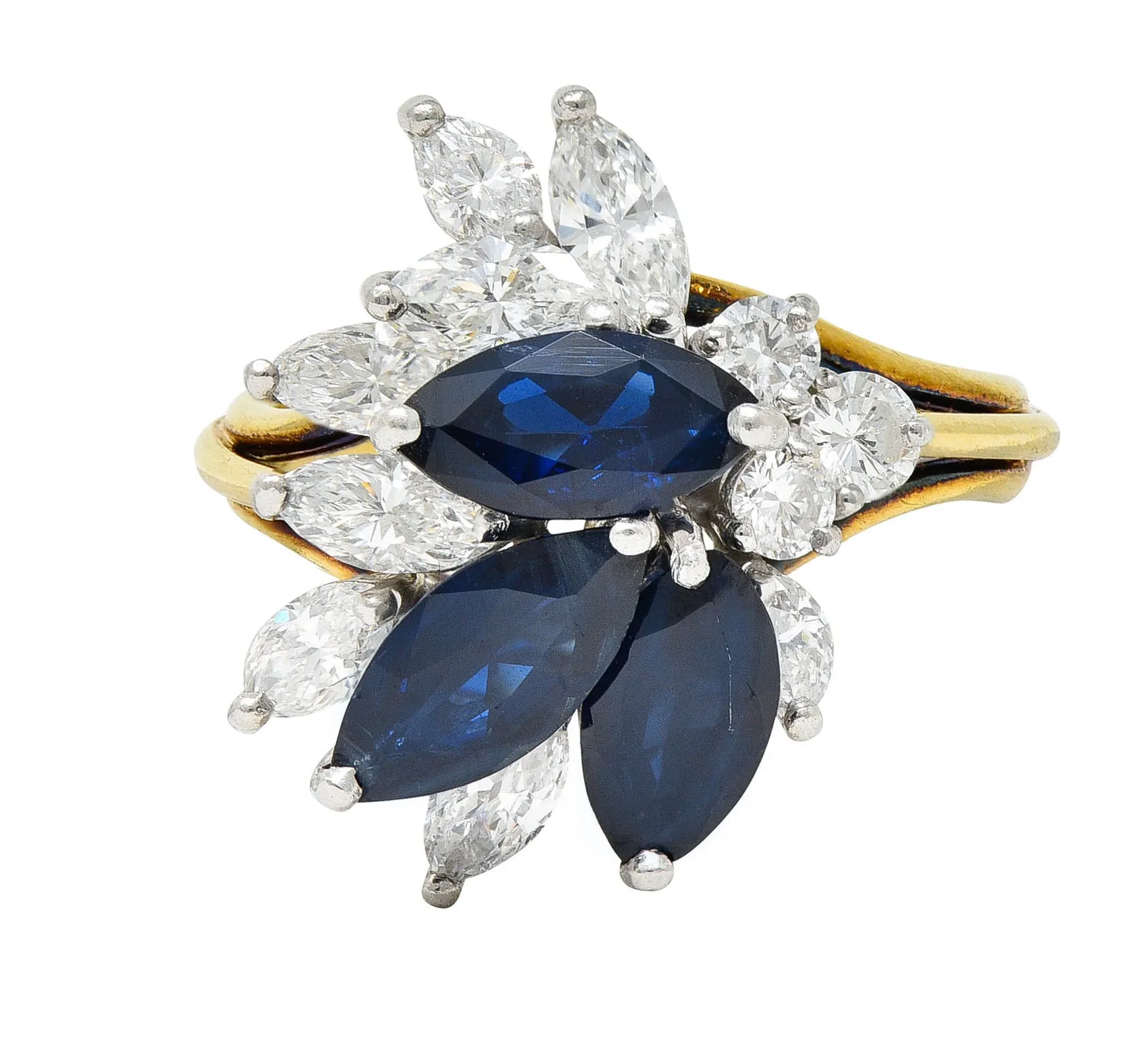 1980's Vintage 3.30 CTW Sapphire Diamond Platinum 18 Karat Gold Cluster Ring