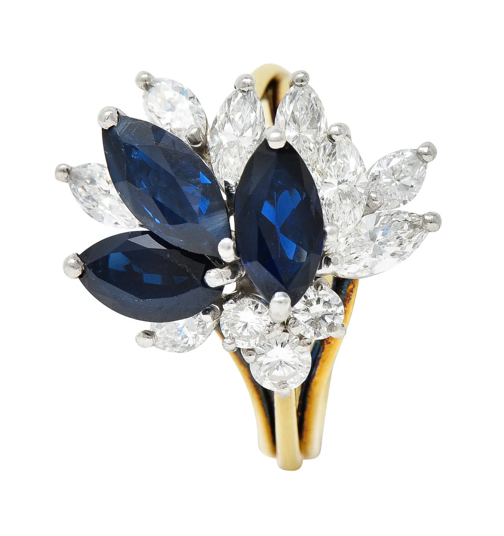 1980's Vintage 3.30 CTW Sapphire Diamond Platinum 18 Karat Gold Cluster Ring