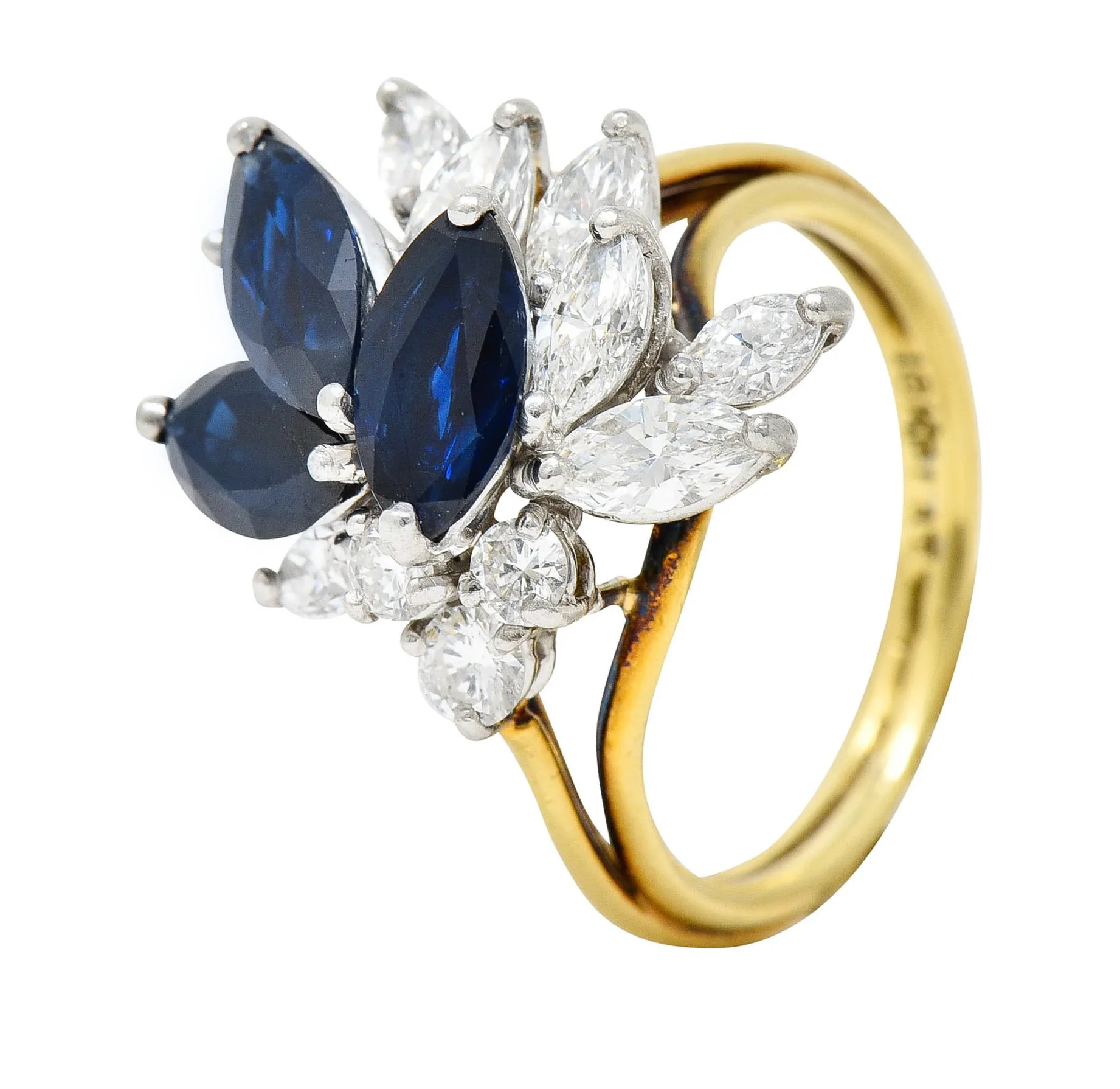 1980's Vintage 3.30 CTW Sapphire Diamond Platinum 18 Karat Gold Cluster Ring