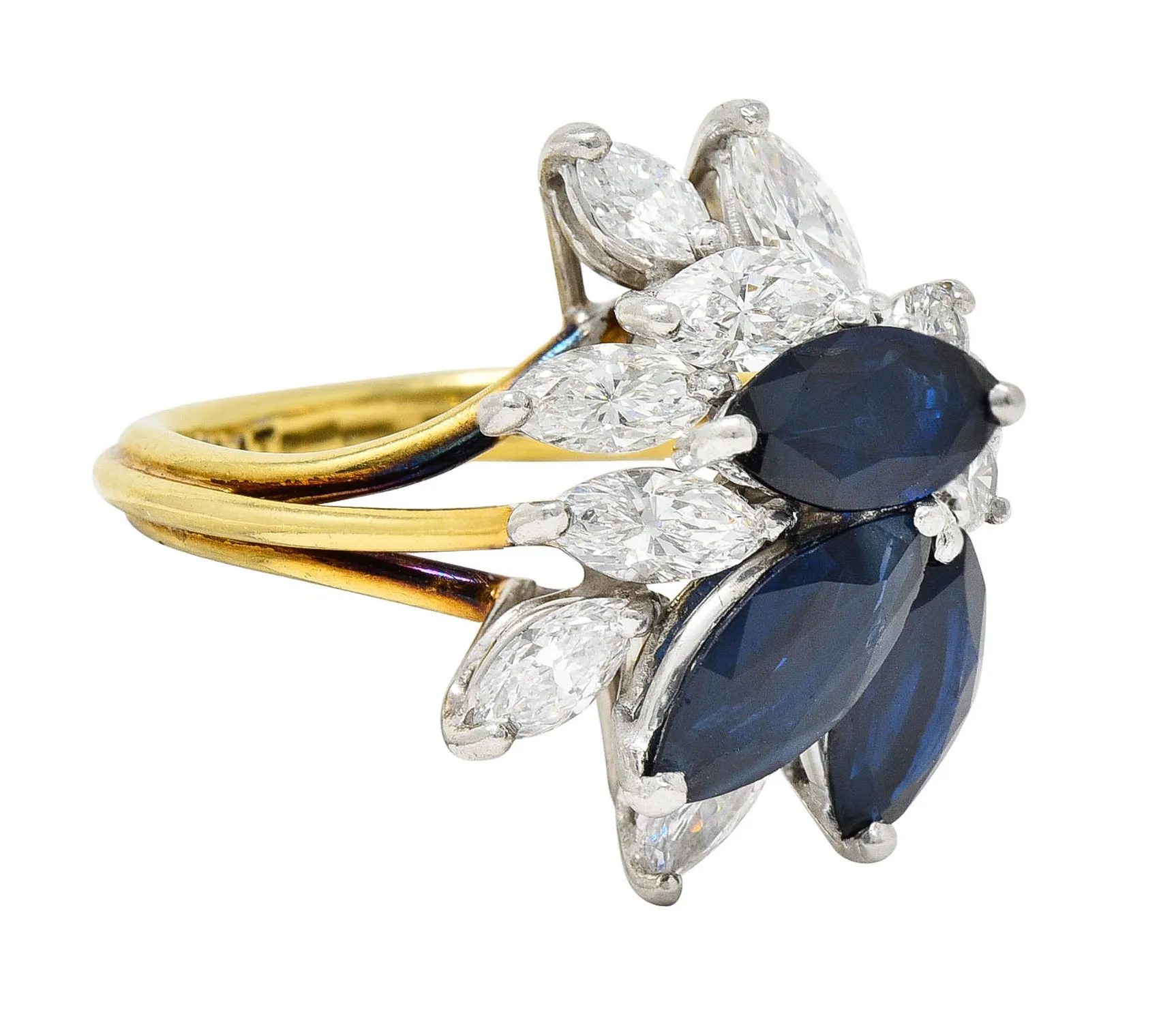 1980's Vintage 3.30 CTW Sapphire Diamond Platinum 18 Karat Gold Cluster Ring