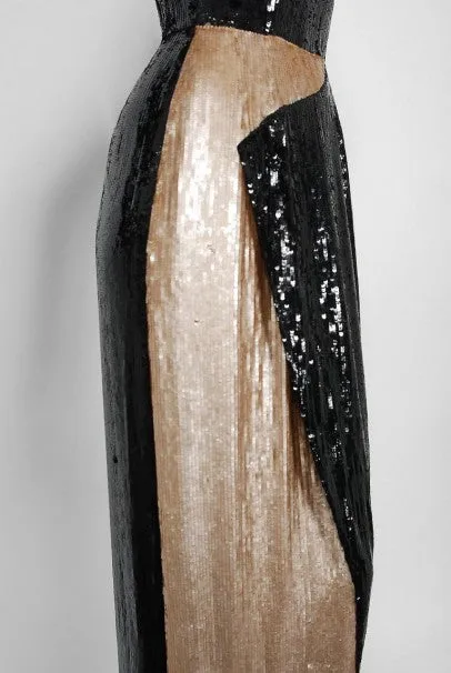 1993 Geoffrey Beene Documented Black & Beige Sequin Geometric Long-Sleeve Gown