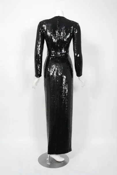 1993 Geoffrey Beene Documented Black & Beige Sequin Geometric Long-Sleeve Gown