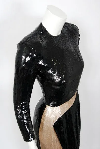 1993 Geoffrey Beene Documented Black & Beige Sequin Geometric Long-Sleeve Gown