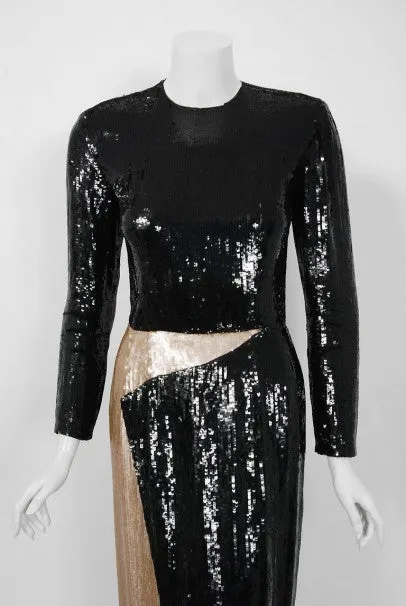 1993 Geoffrey Beene Documented Black & Beige Sequin Geometric Long-Sleeve Gown