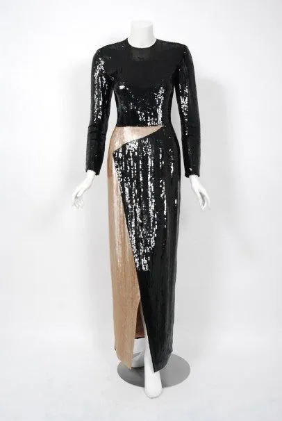 1993 Geoffrey Beene Documented Black & Beige Sequin Geometric Long-Sleeve Gown