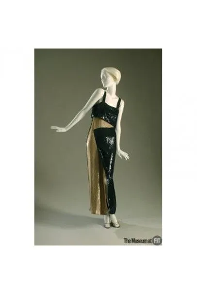 1993 Geoffrey Beene Documented Black & Beige Sequin Geometric Long-Sleeve Gown