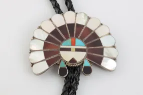 44" Navajo 925 Silver Zuni Sun Face In Headdress Leather Bolo Tie (39.57g.)