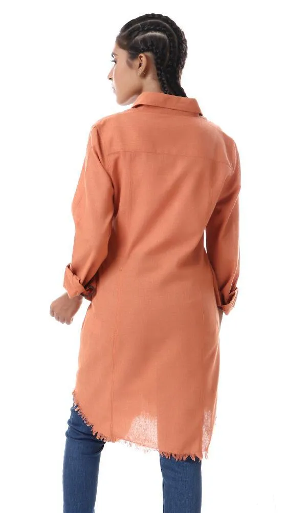 56549 Distressed Trim Full Sleeves Long Shirt - Burnt Orange