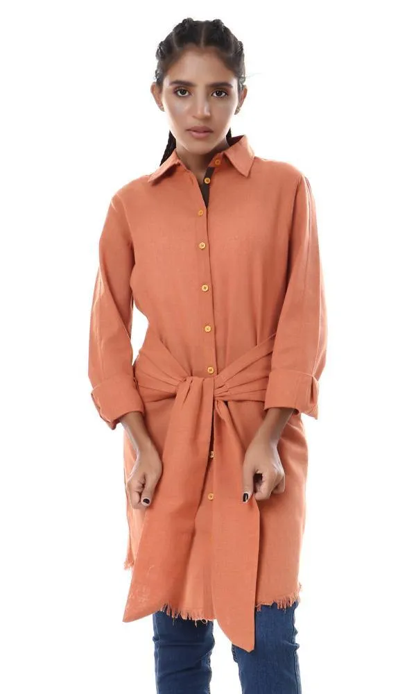 56549 Distressed Trim Full Sleeves Long Shirt - Burnt Orange