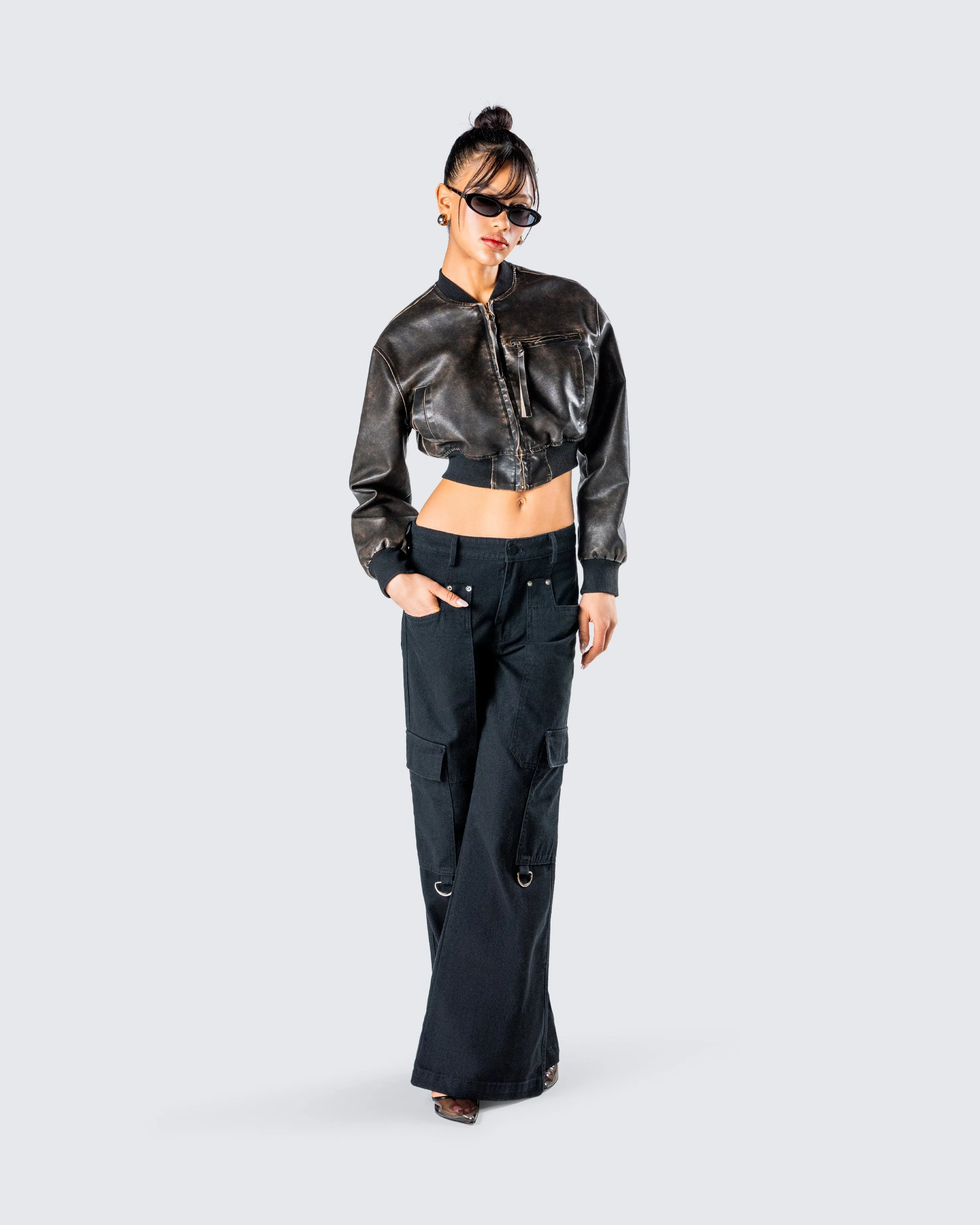 Ada Black Faux Leather Crop Jacket