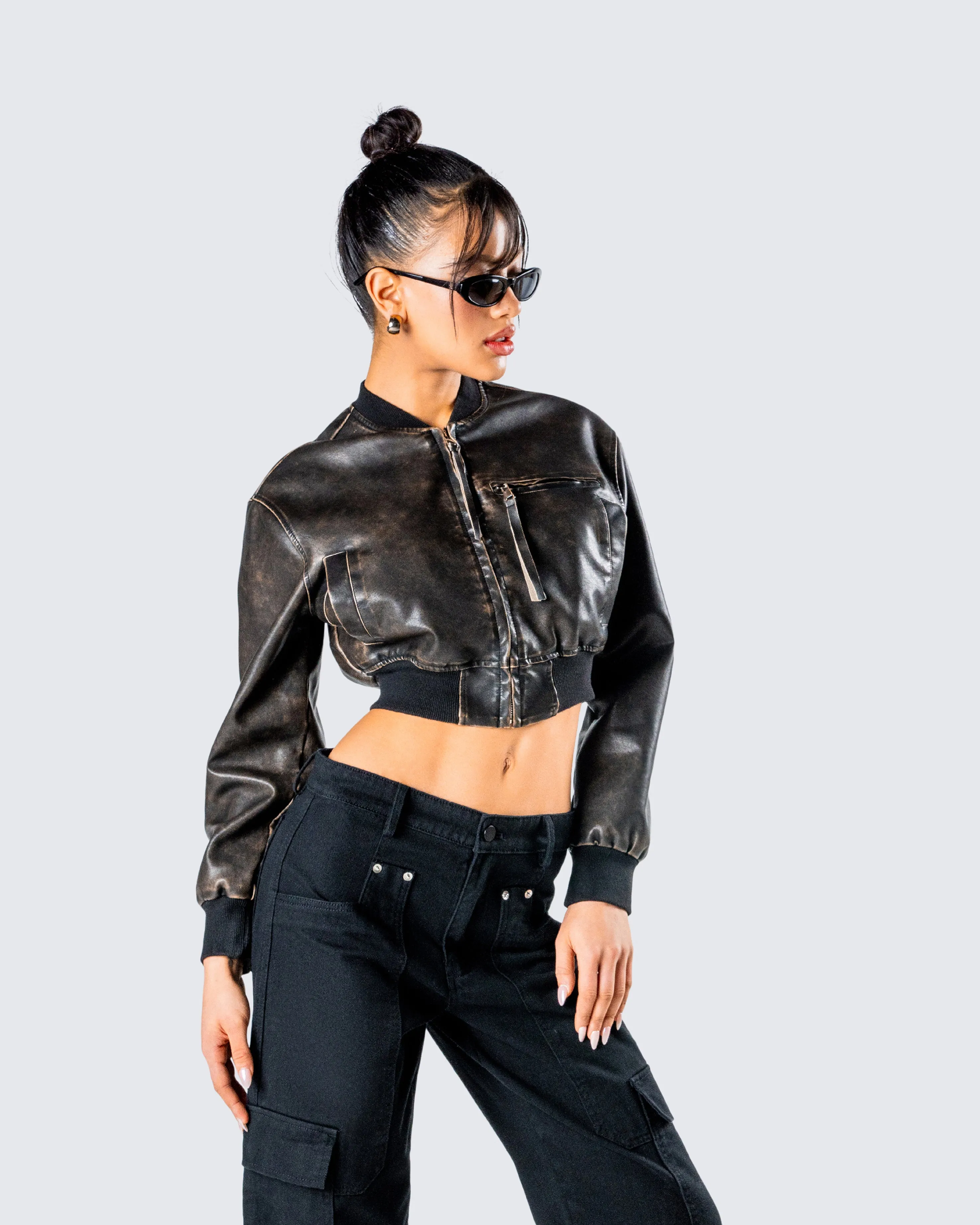 Ada Black Faux Leather Crop Jacket