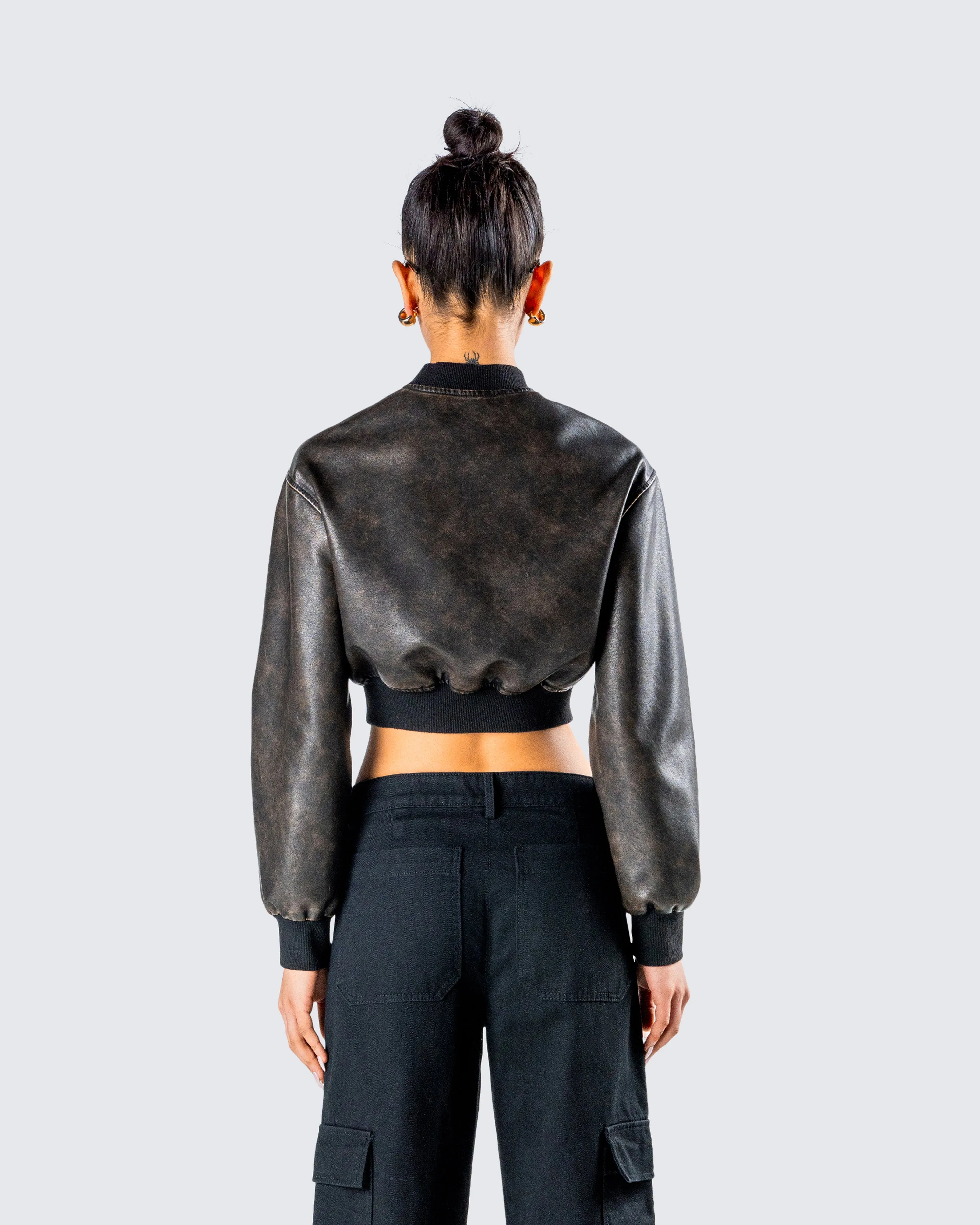 Ada Black Faux Leather Crop Jacket