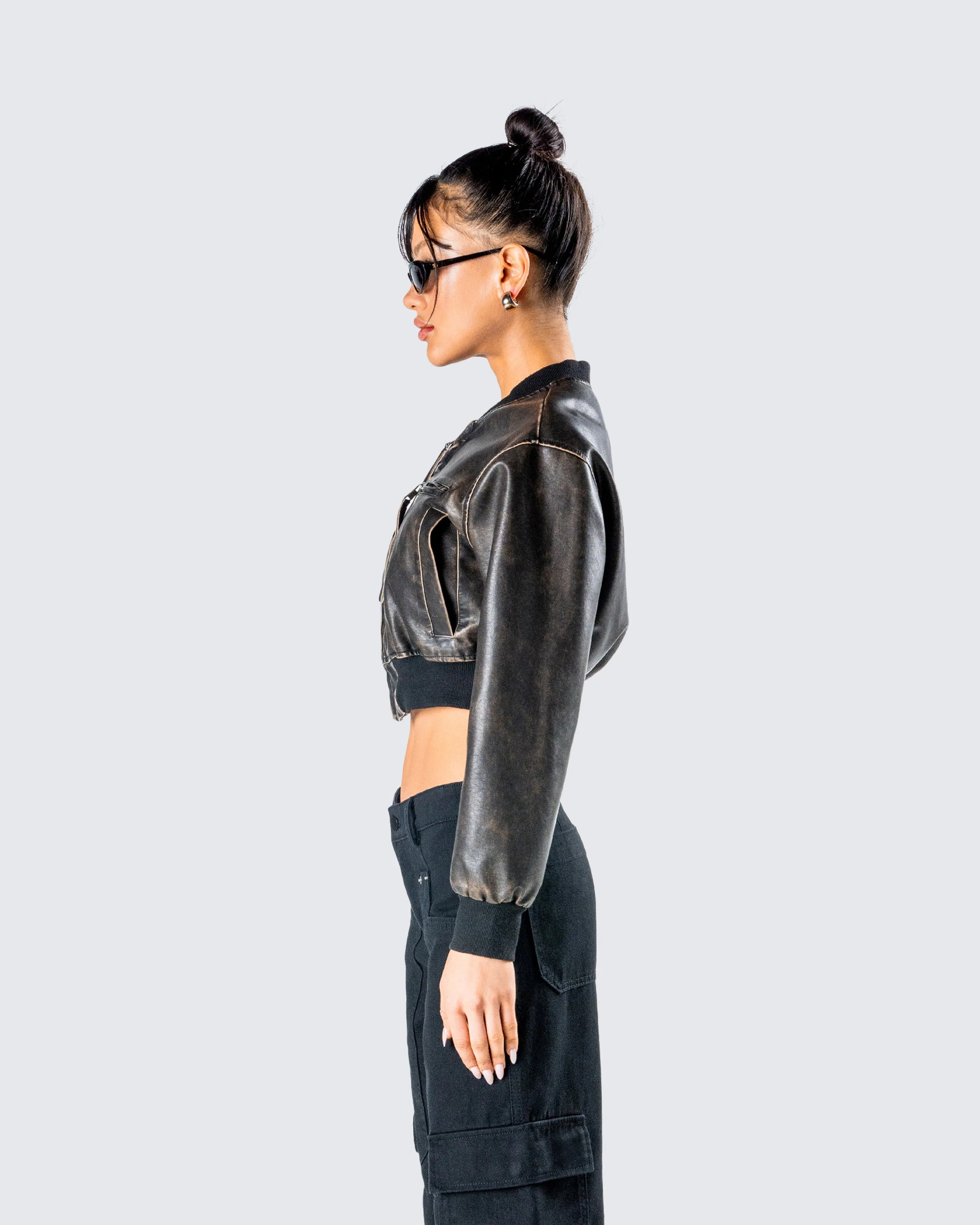 Ada Black Faux Leather Crop Jacket