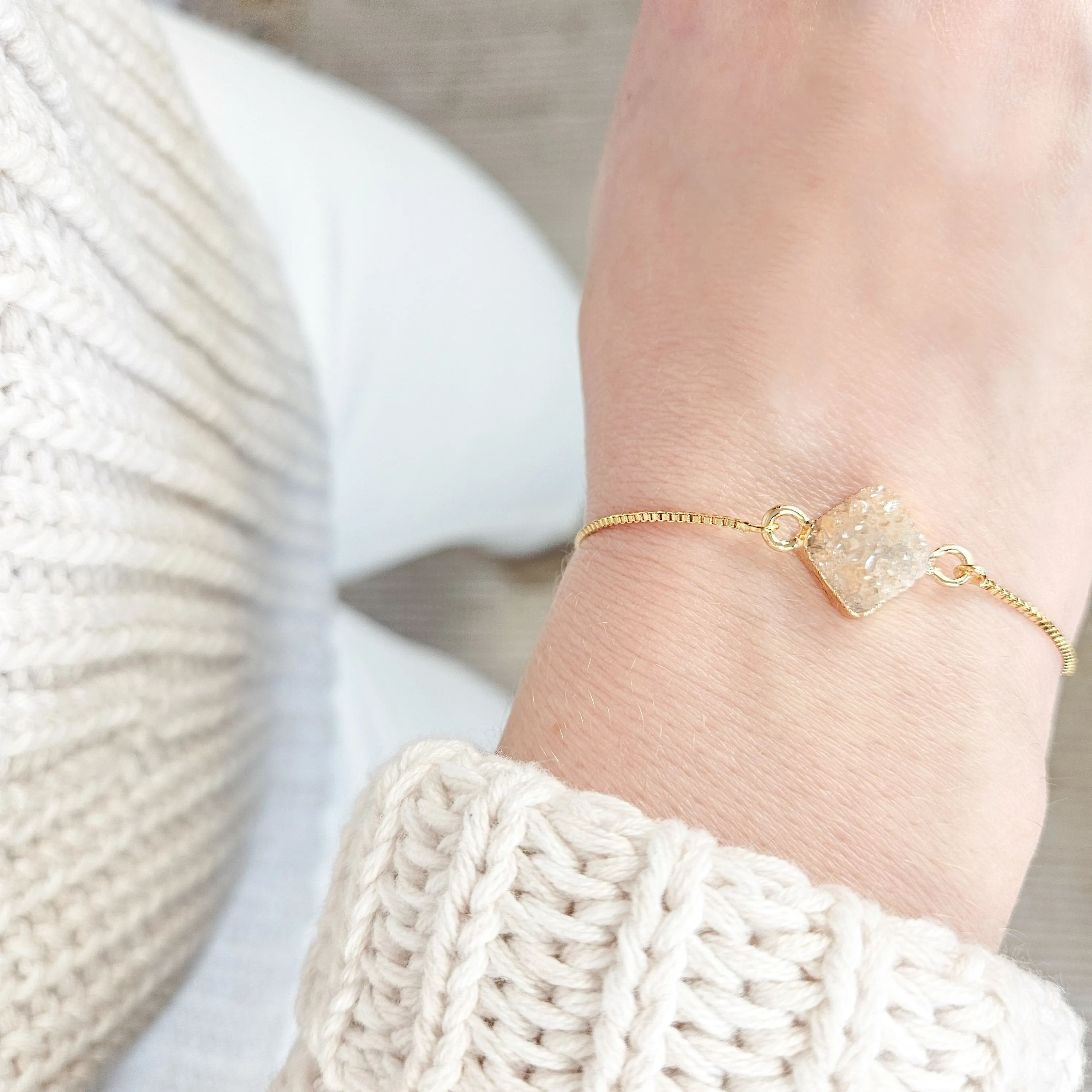 Adjustable Beige Druzy Quartz Crystal Bracelet