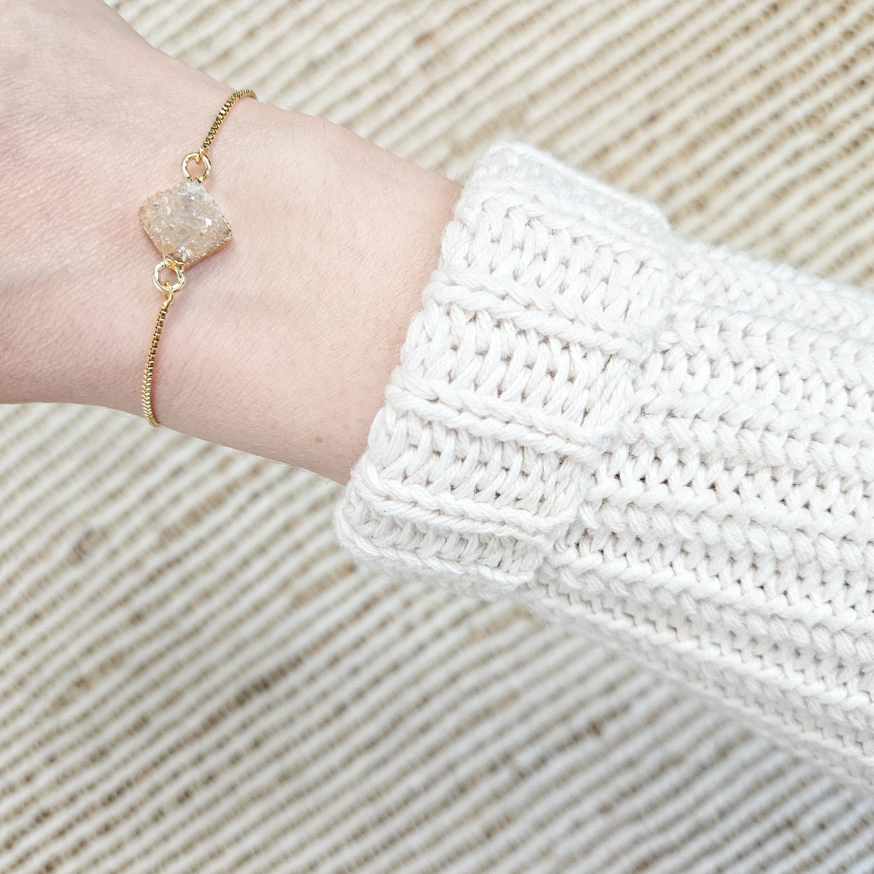 Adjustable Beige Druzy Quartz Crystal Bracelet