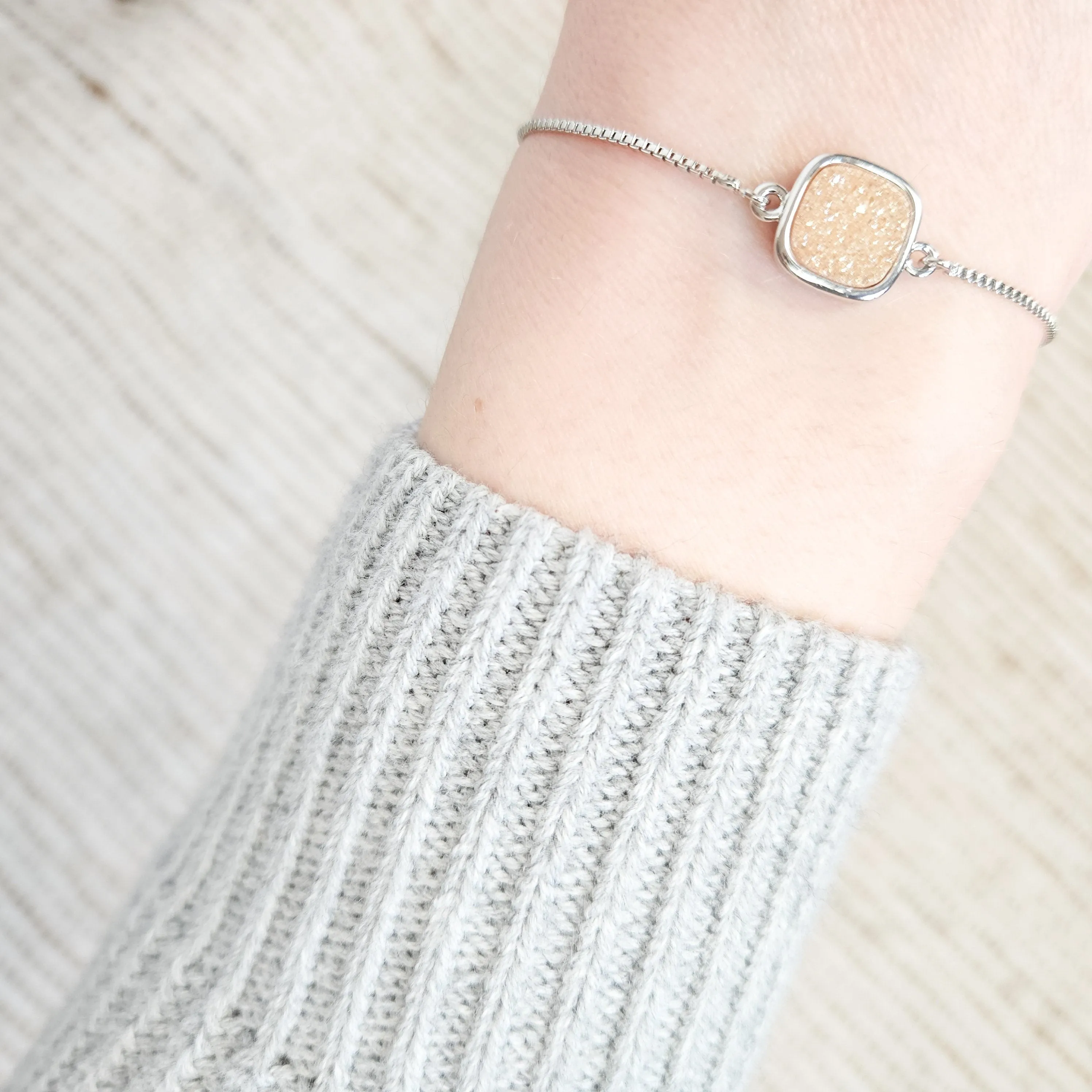 Adjustable Beige Druzy Quartz Crystal Silver Bracelet