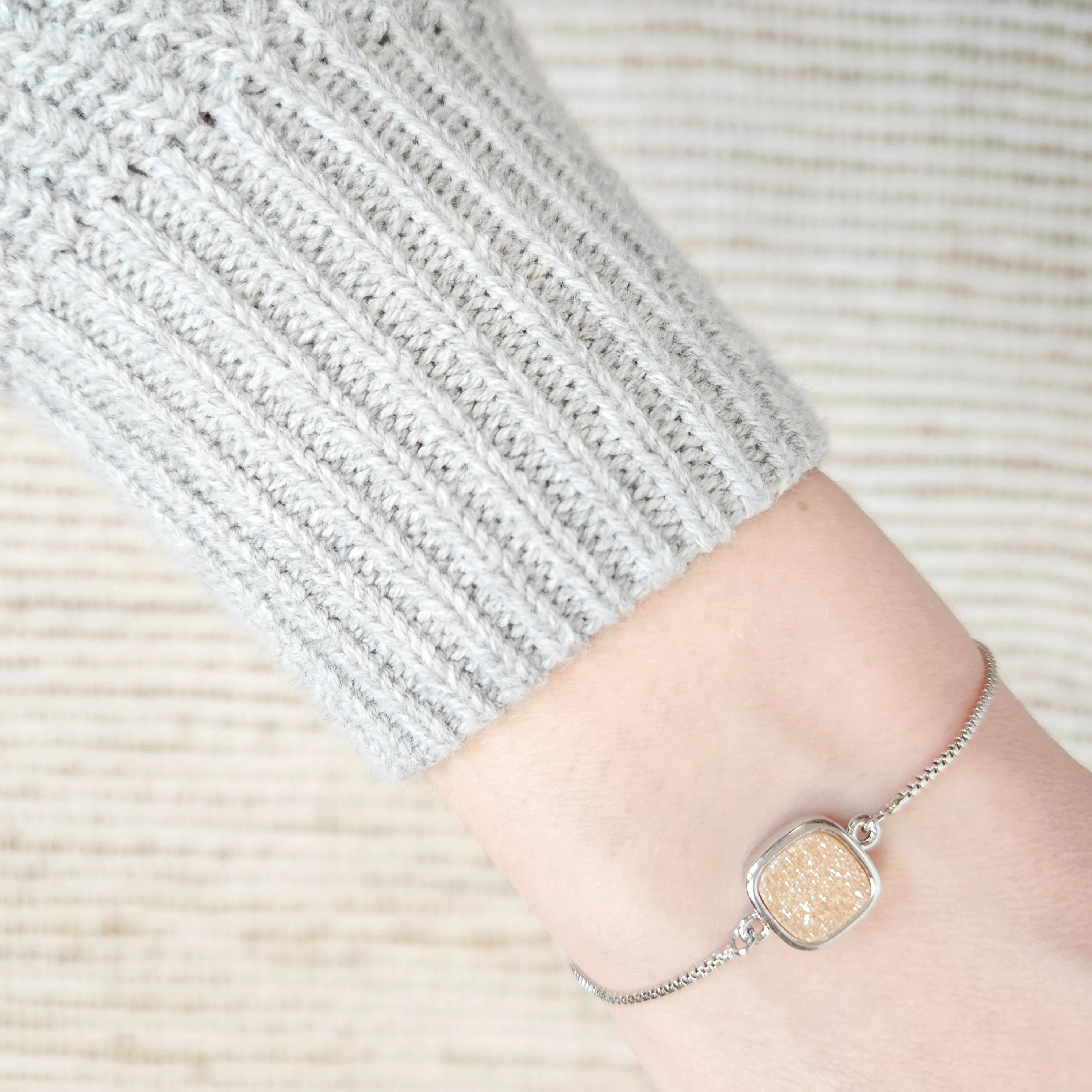 Adjustable Beige Druzy Quartz Crystal Silver Bracelet