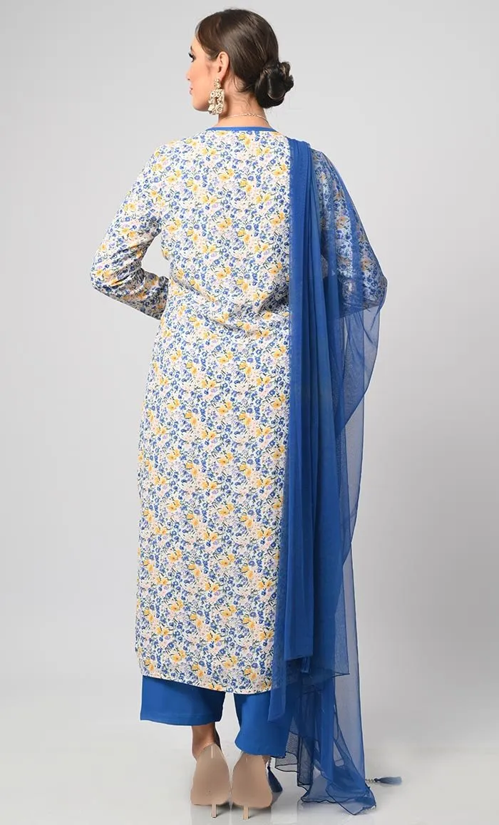 African Floral Printed Salwar Kameez Set With Net Dupatta-Included Pockets