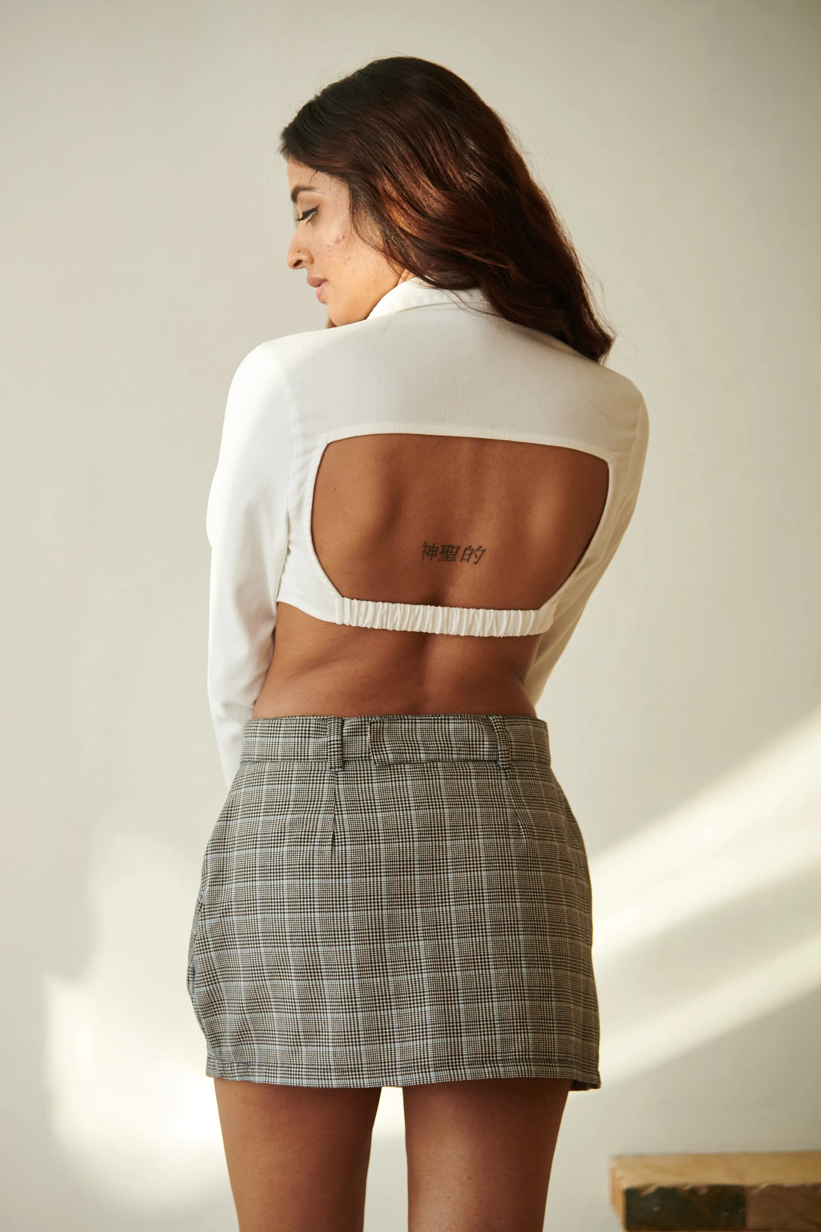 Almi White Crop Shirt and Plaid Skort Set