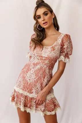 Andrea Puff Sleeve Lace Dress Rose/Beige