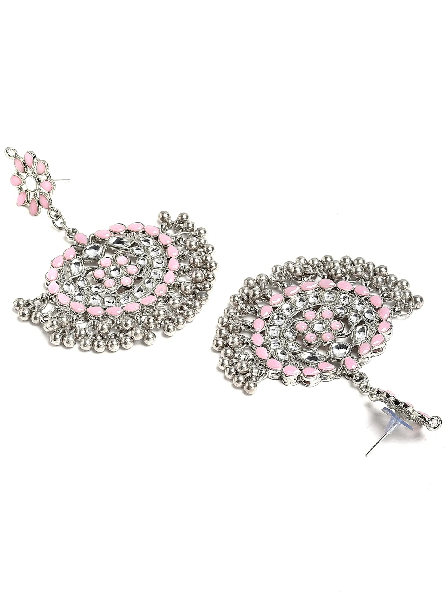 Antique Baby Pink Kundan Studded Oxidised Silver Handcrafted Chandbali Earrings