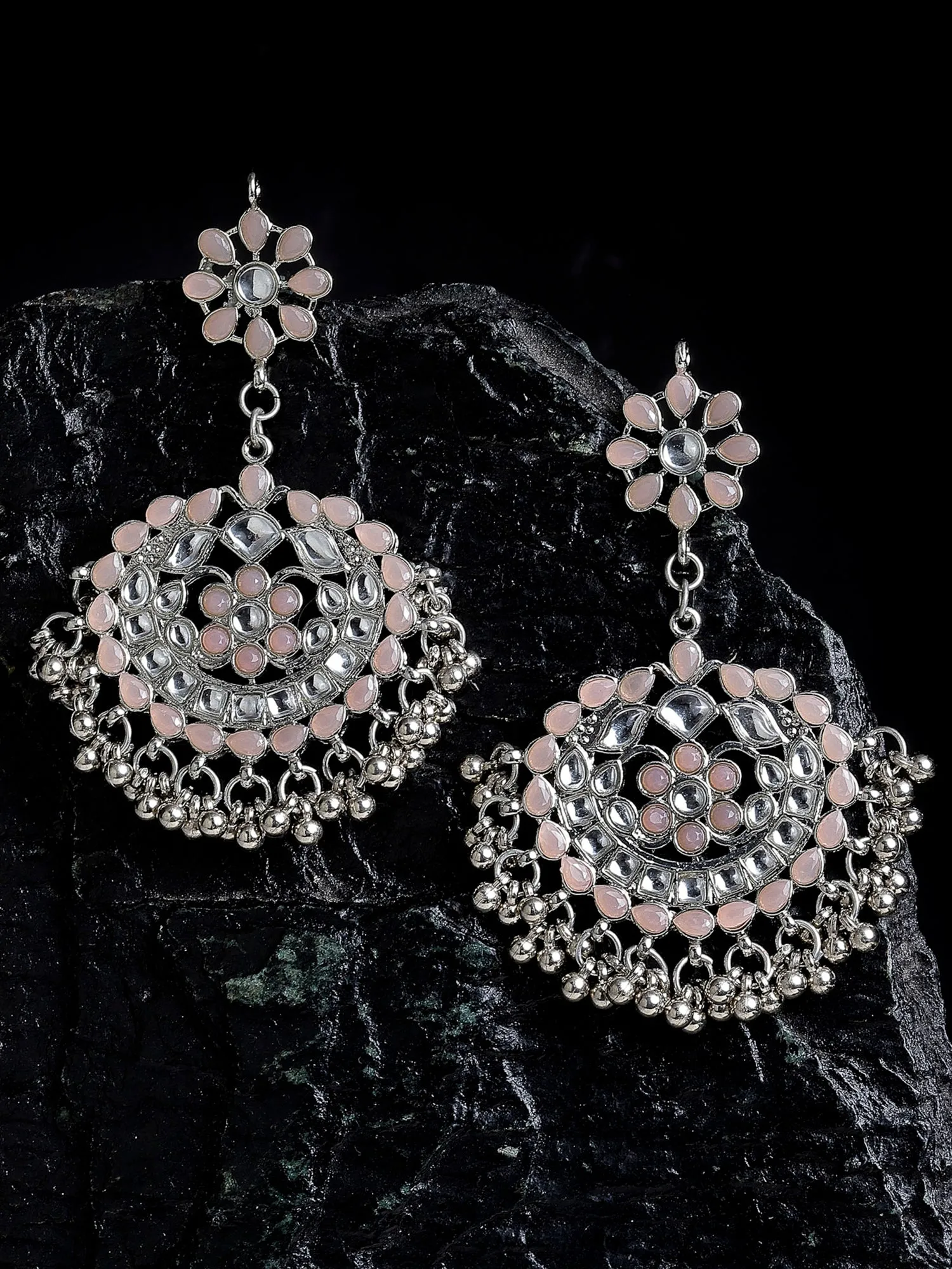 Antique Peach Kundan Studded Oxidised Silver Handcrafted Chandbali Earrings