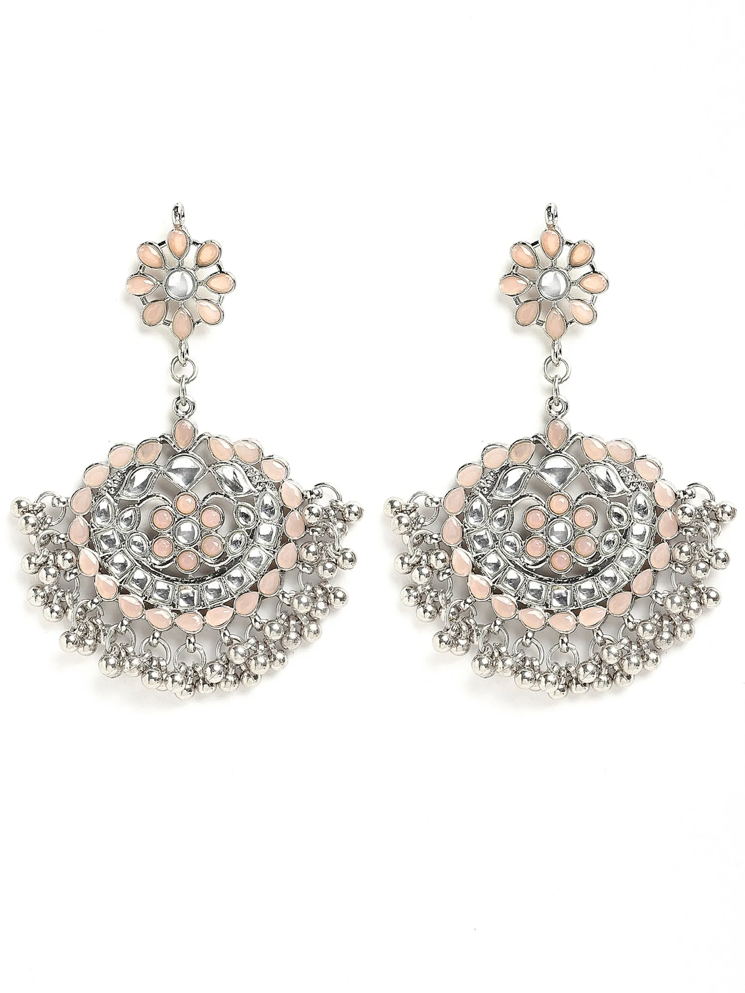 Antique Peach Kundan Studded Oxidised Silver Handcrafted Chandbali Earrings